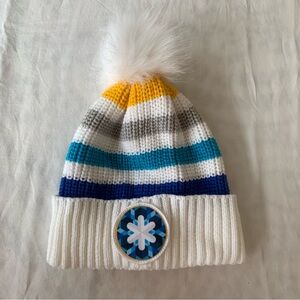 Striped Knitted White & Blue Toque with Fuzzy Pom Pom